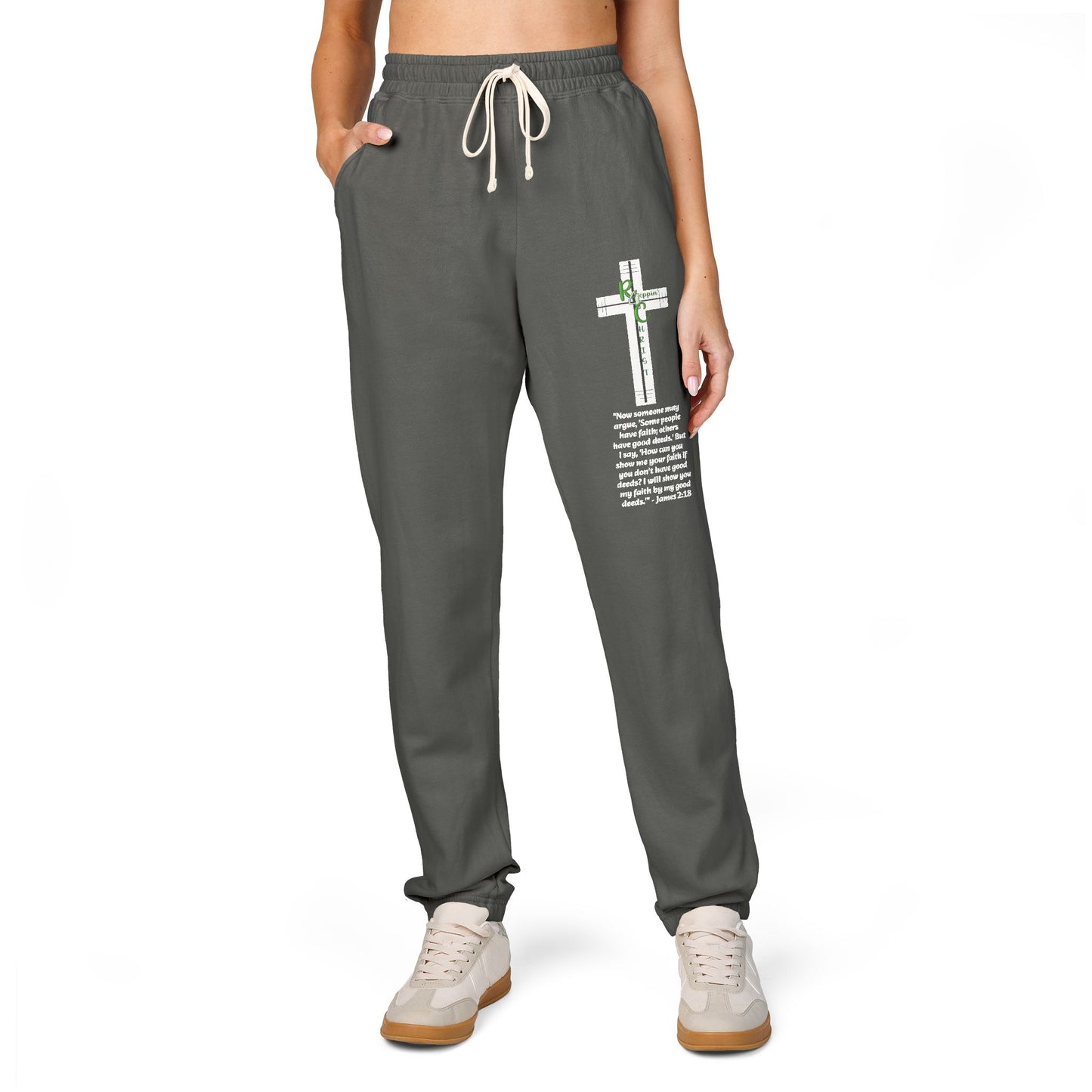 Customizable Text, Embroidered Cross & Script Sweatpants — Faith-Inspired Fleece Joggers