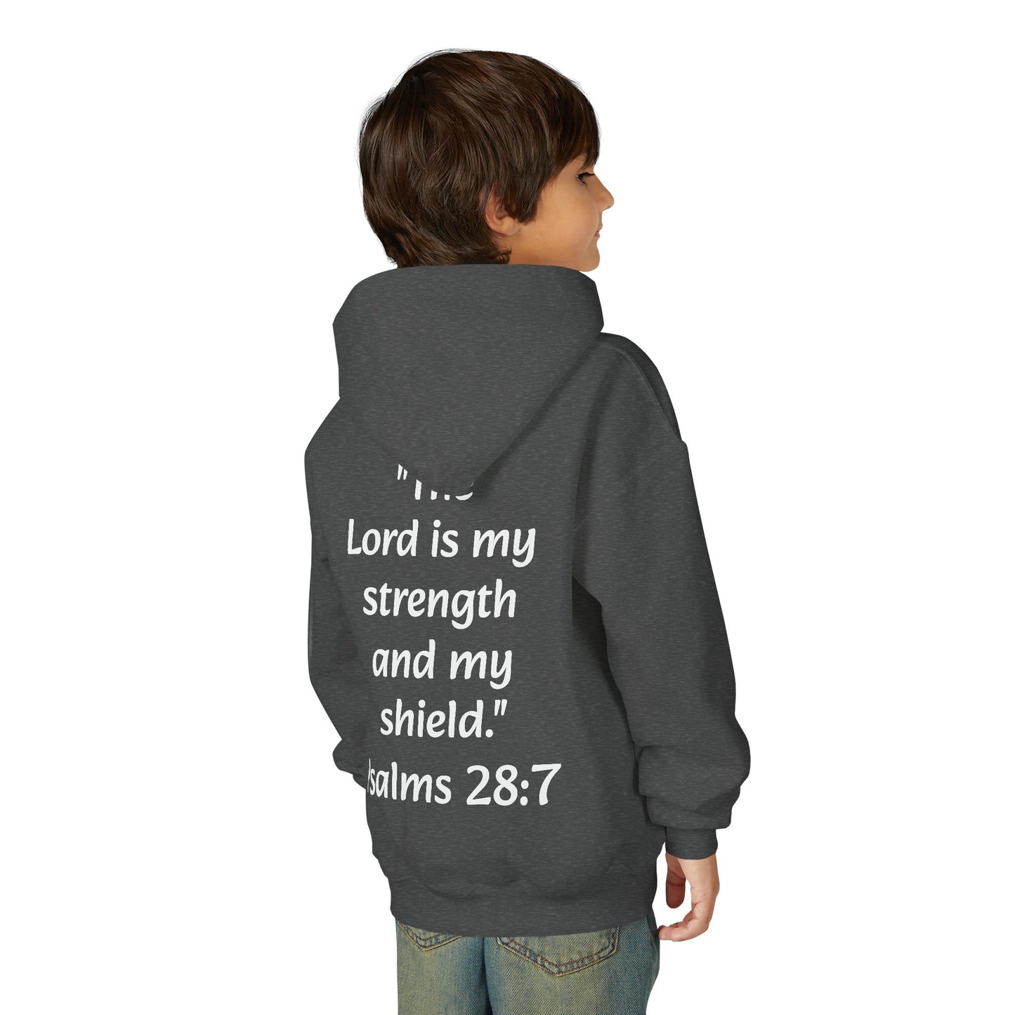 Christian Youth Hooded Sweatshirt, Faith Apparel, Gift for Teens, Inspirational Hoodie, Psalms 28:7 Sweatshirt, Religious Clothing