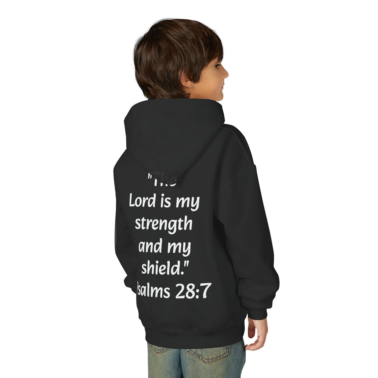 Christian Youth Hooded Sweatshirt, Faith Apparel, Gift for Teens, Inspirational Hoodie, Psalms 28:7 Sweatshirt, Religious Clothing
