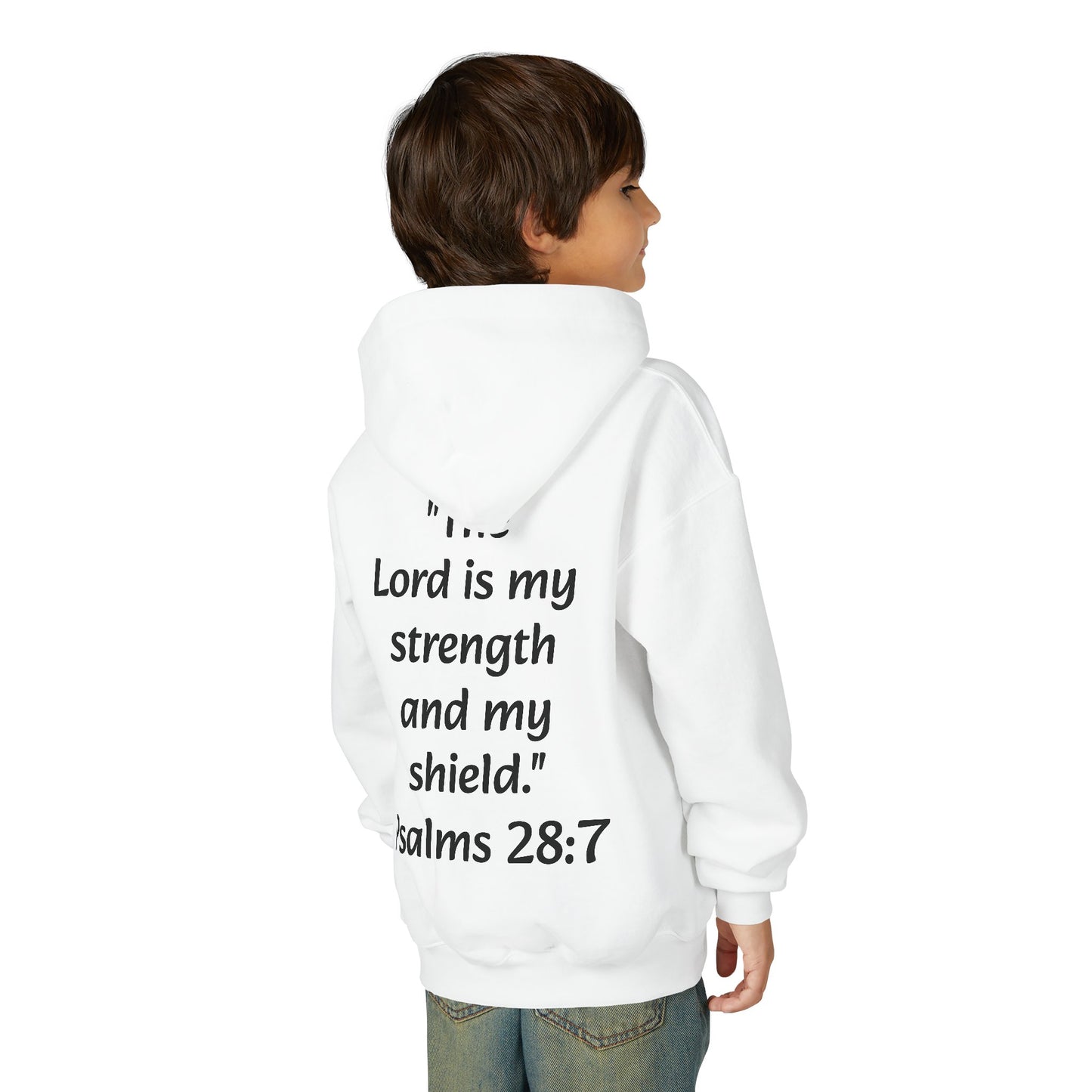 Christian Youth Hooded Sweatshirt, Faith Apparel, Gift for Teens, Inspirational Hoodie, Psalms 28:7 Sweatshirt, Religious Clothing